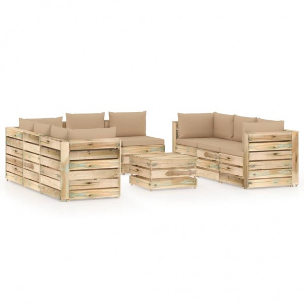 Muebles de jardín 9 piezas con cojines madera impregnada verde D