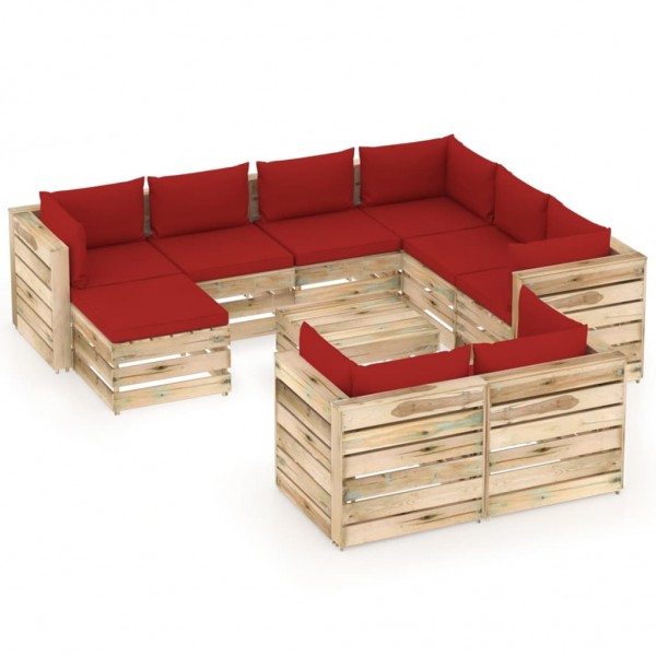 Muebles de jardín 10 piezas con cojines madera impregnada verde D