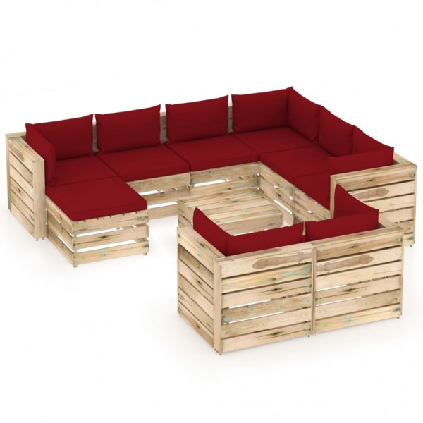 Muebles de jardín 10 piezas con cojines madera impregnada verde D