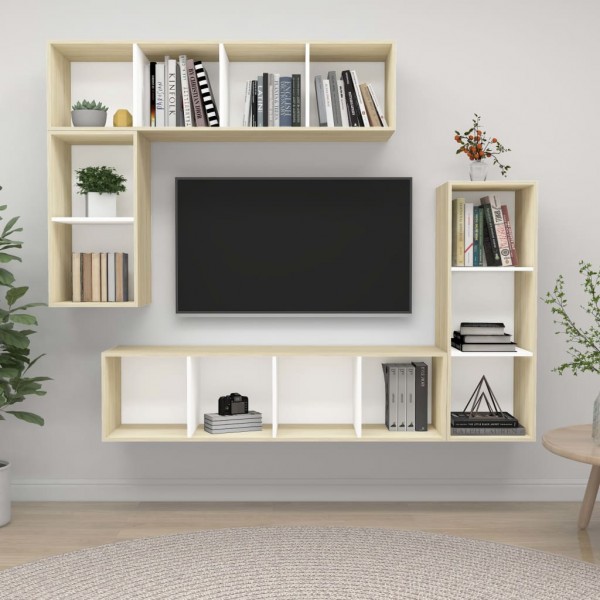 Muebles de pared de TV 4 pzas aglomerado blanco y roble Sonoma D