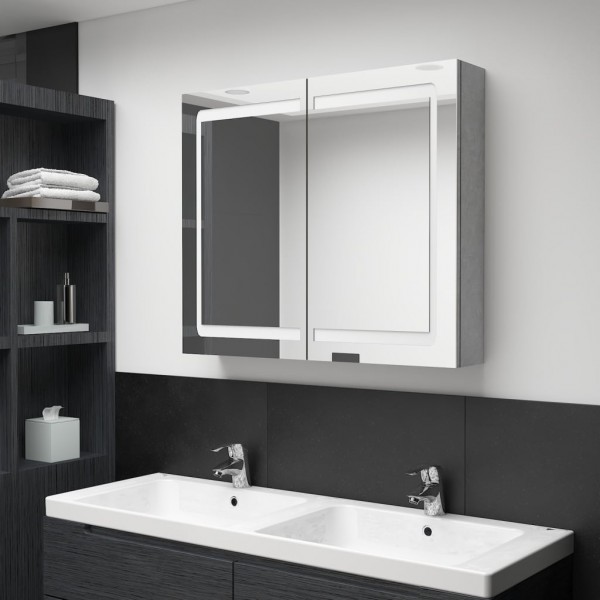 Armario de baño con espejo LED gris hormigón 80x12x68 cm D