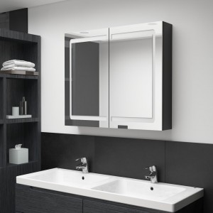 Armário de banheiro com espelho LED preto brilhante 80x12x68 cm D