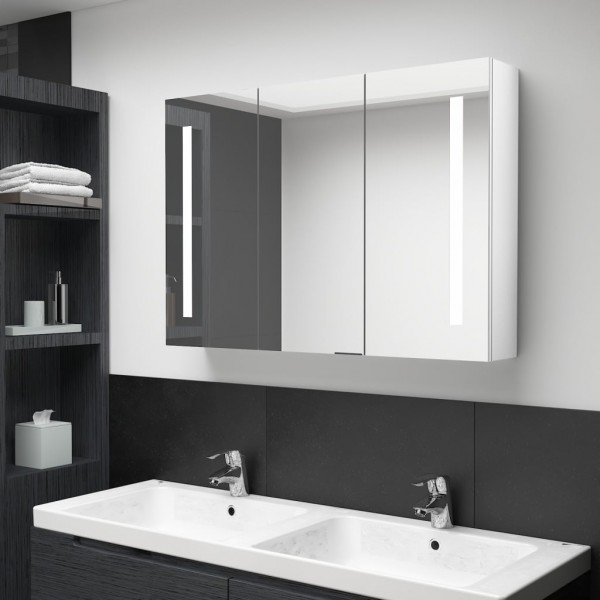 Mueble de baño con espejo LED blanco brillante 89x14x62 cm D