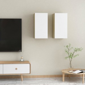 Mueble de TV 2 uds contrachapada blanco y roble 30.5x30x60 cm D