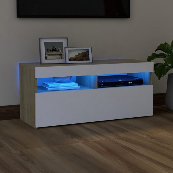 Mueble de TV con luces LED blanco y roble Sonoma 90x35x40 cm D