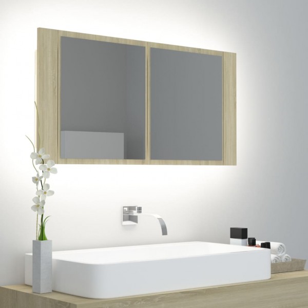 Armario espejo de baño LED acrílico roble Sonoma 90x12x45 cm D