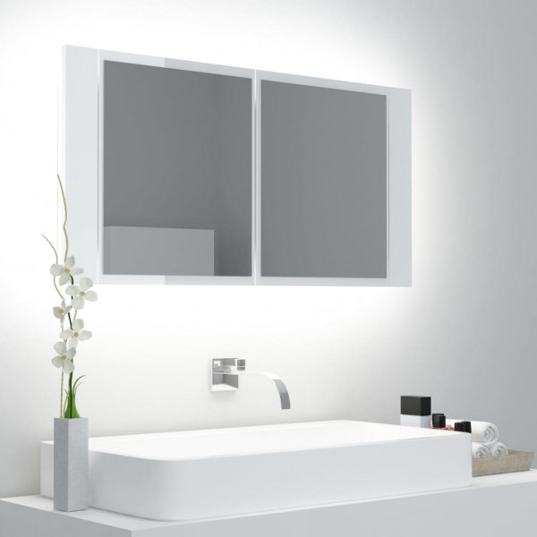 Armario espejo de baño LED acrílico blanco brillo 90x12x45 cm D