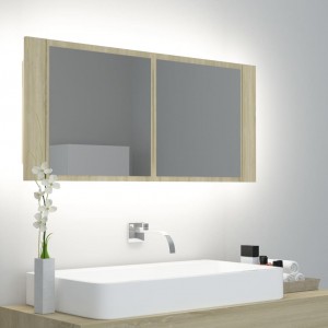 Armário de espelho de banheiro LED acrílico Sonoma Oak 100x12x45 cm D
