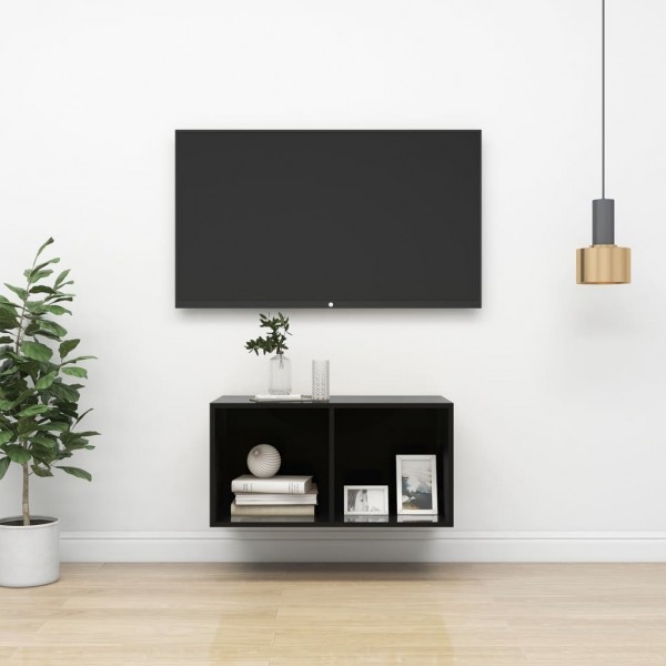 Móvel de TV de parede madeira revestida preto brilho 37x37x72cm D