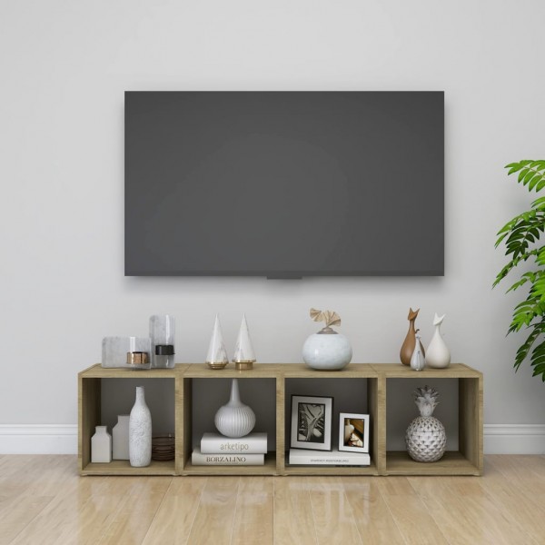 Furniture TV 4 ues contraplacado branco e carvalho Sonoma 37x35x37cm D