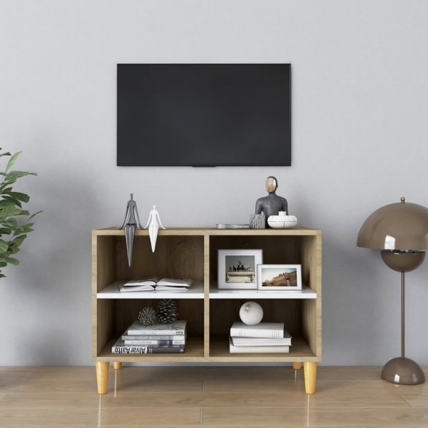 Mueble TV patas madera maciza roble sonoma blanca 69.5x30x50 cm D