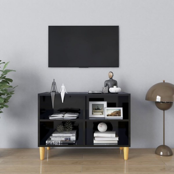 Mueble de TV patas de madera maciza negro brillo 69.5x30x50 cm D