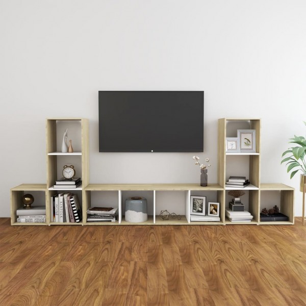 Muebles de salón 5 pzas madera ingeniería blanco y roble Sonoma D
